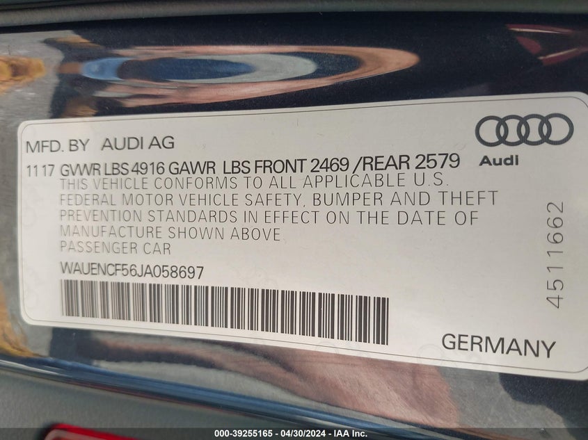 VIN WAUENCF56JA058697 2018 AUDI A5 2.0T PREMIUM