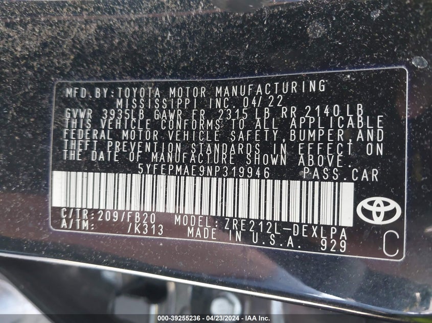 2022 TOYOTA COROLLA 1.8L I4   N(VIN: 5YFEPMAE9NP319946