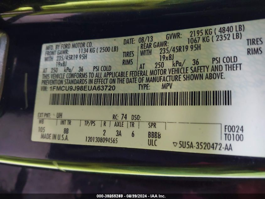 2014 Ford Escape Titanium VIN: 1FMCU9J98EUA63720 Lot: 39255249