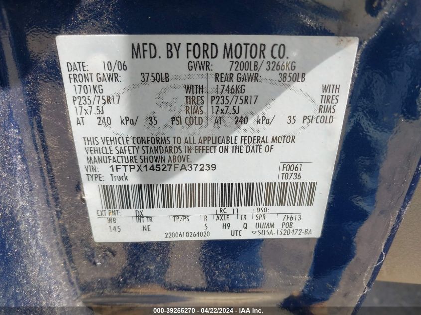2007 Ford F150 VIN: 1FTPX14527FA37239 Lot: 39255270