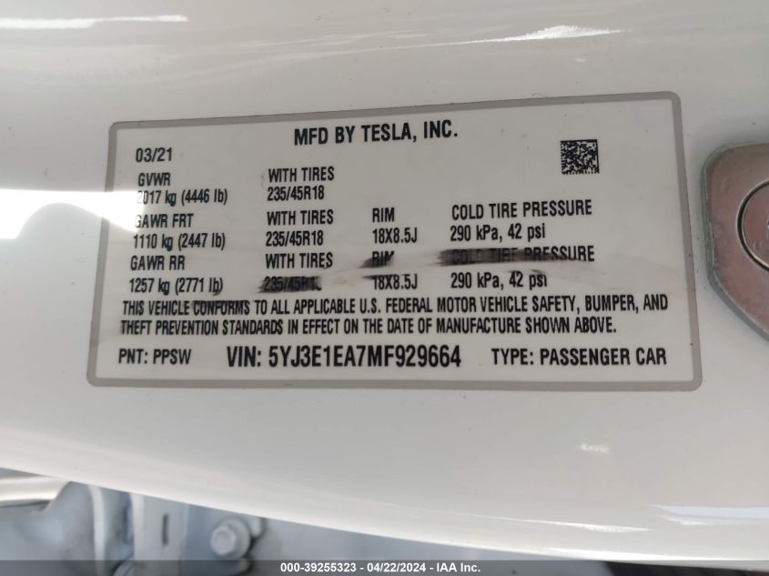 2021 Tesla Model 3 Standard Range Plus Rear-Wheel Drive VIN: 5YJ3E1EA7MF929664 Lot: 39255323