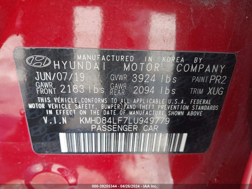 2020 Hyundai Elantra Sel VIN: KMHD84LF7LU949779 Lot: 39255344