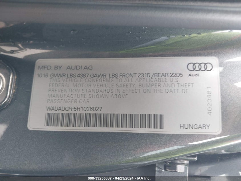 VIN WAUAUGFF5H1026027 2017 AUDI A3 PREMIUM