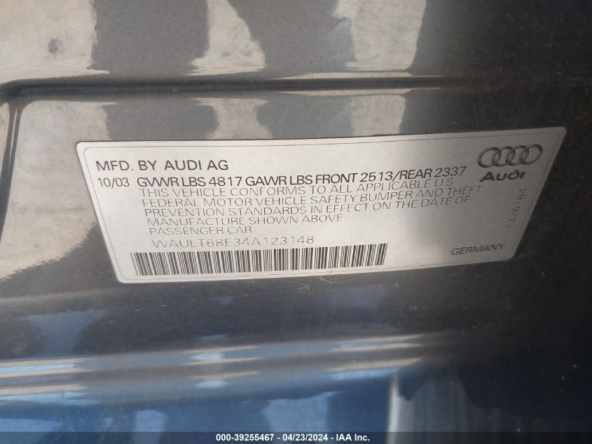 WAULT68E34A123148 | 2004 AUDI A4