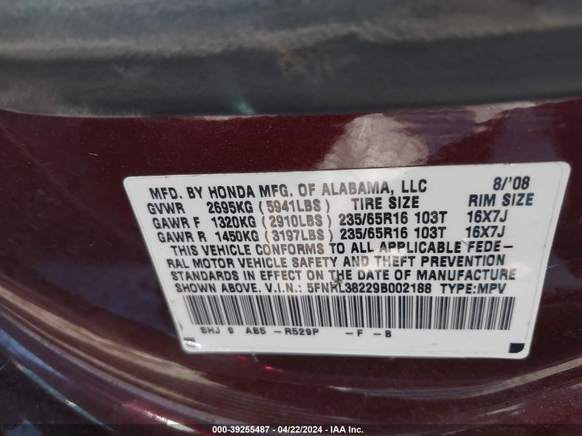 2009 Honda Odyssey Lx VIN: 5FNRL38229B002188 Lot: 39255487