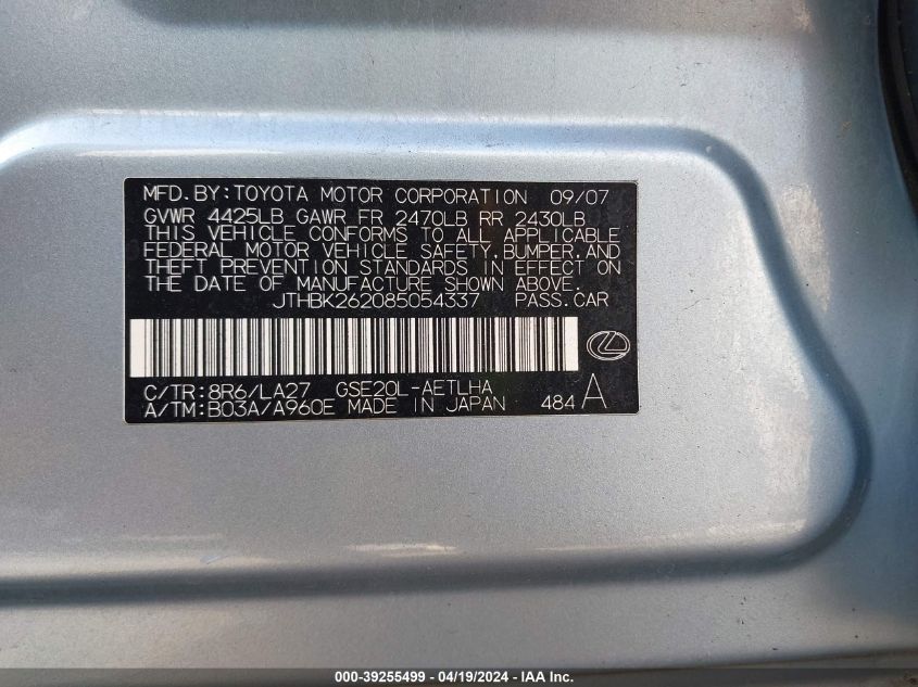 2008 Lexus Is 250 VIN: JTHBK262085054337 Lot: 39255499