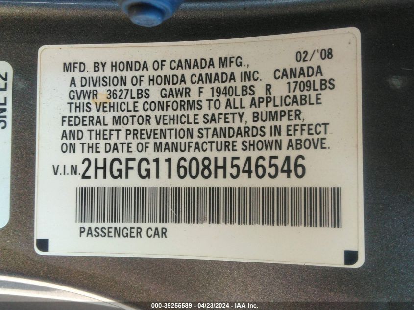 2HGFG11608H546546 | 2008 HONDA CIVIC