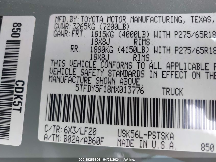 2021 Toyota Tundra Trd Pro VIN: 5TFDY5F18MX013776 Lot: 39255605