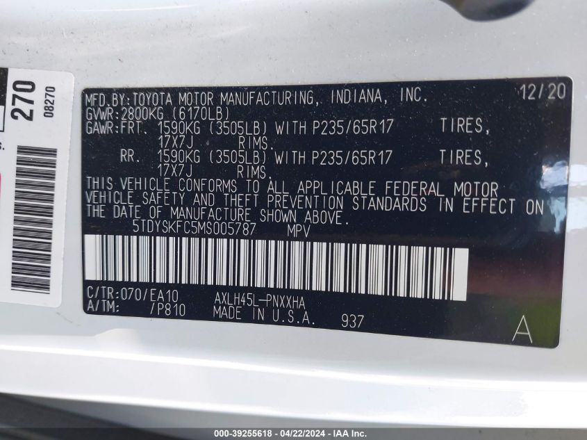 2021 Toyota Sienna Xle VIN: 5TDYSKFC5MS005787 Lot: 39255618