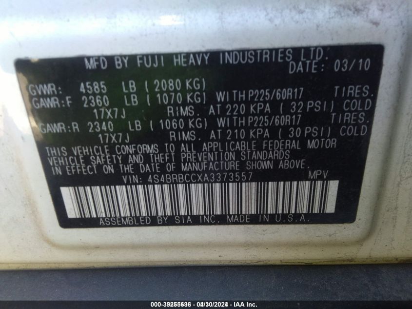 2010 Subaru Outback 2.5I Premium VIN: 4S4BRBCCXA3373557 Lot: 39255636