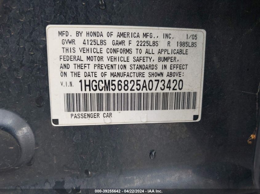 2005 Honda Accord 2.4 Ex VIN: 1HGCM56825A073420 Lot: 39255642