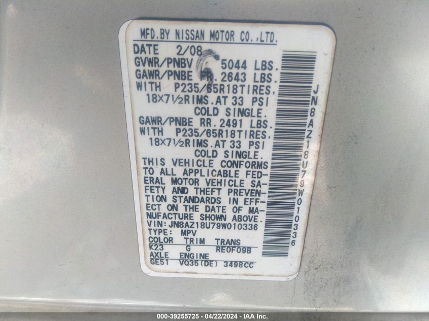 2009 Nissan Murano S VIN: JN8AZ18U79W010336 Lot: 39255725