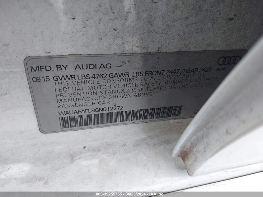 2016 Audi A4 2.0T Premium VIN: WAUAFAFL8GN012272 Lot: 39255755