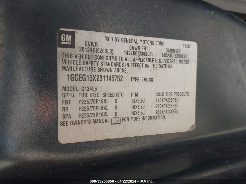 2003 Chevrolet Express VIN: 1GCEG15X231146752 Lot: 39255850