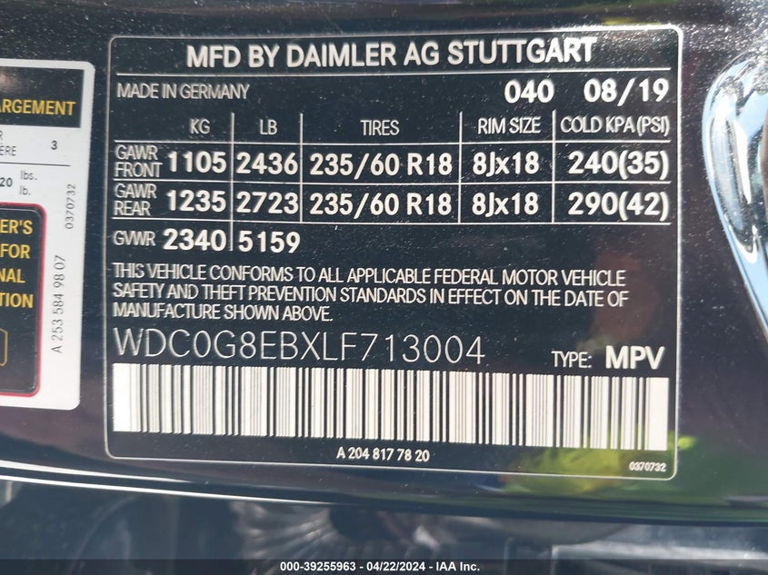 2020 MERCEDES-BENZ GLC 300 VIN: WDC0G8EBXLF713004