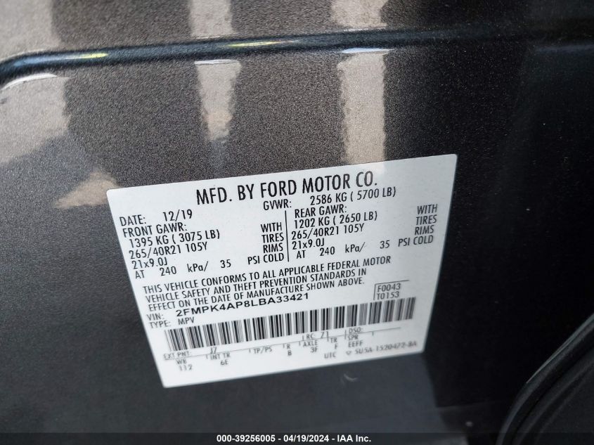 2020 Ford Edge St VIN: 2FMPK4AP8LBA33421 Lot: 39256005