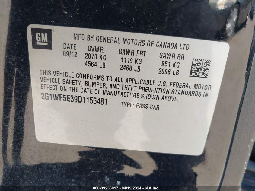2013 Chevrolet Impala Ls VIN: 2G1WF5E39D1155481 Lot: 39256017