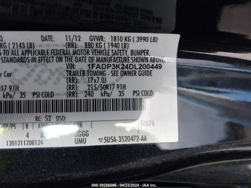 2013 Ford Focus Se VIN: 1FADP3K24DL200449 Lot: 39256096