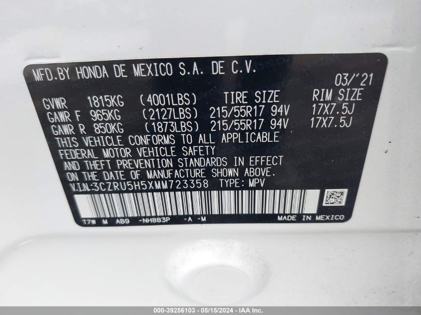 2021 Honda Hr-V 2Wd Ex VIN: 3CZRU5H5XMM723358 Lot: 39256103