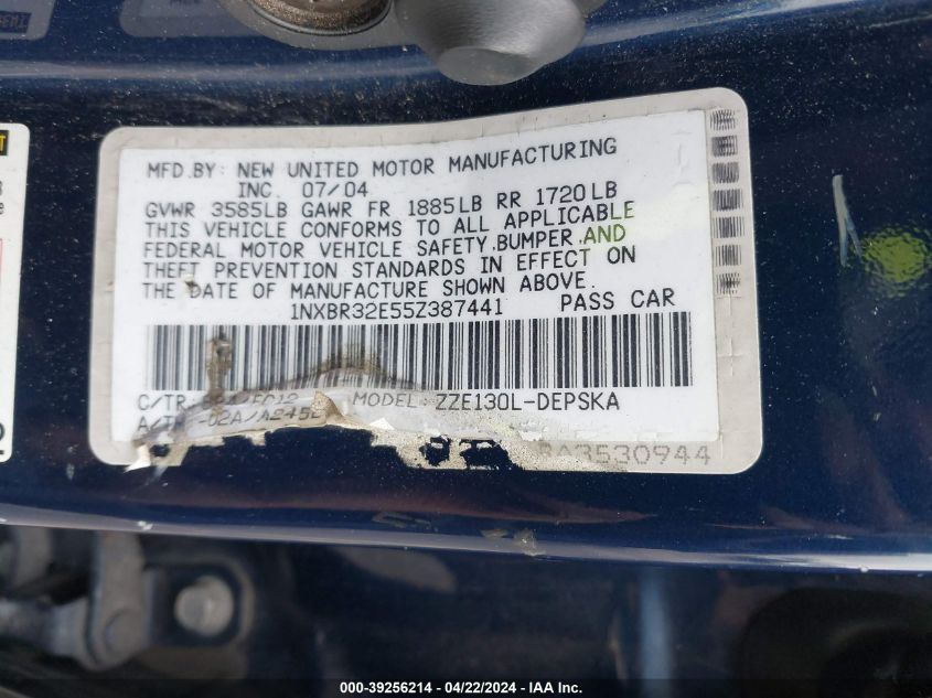 2005 Toyota Corolla S VIN: 1NXBR32E55Z387441 Lot: 39256214