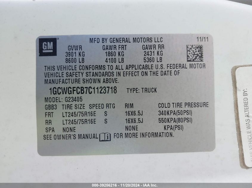 2012 Chevrolet Express 2500 Work Van VIN: 1GCWGFCB7C1123718 Lot: 39256216