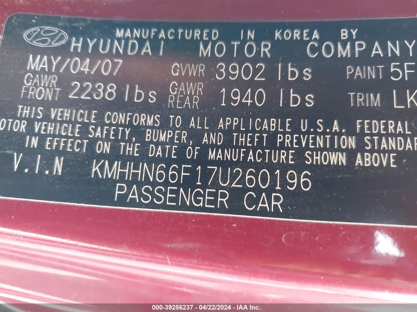 2007 Hyundai Tiburon Gt/Gt Limited/Se VIN: KMHHN66F17U260196 Lot: 39256237