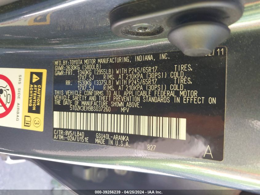 2011 Toyota Highlander Se V6 VIN: 5TDZK3EH9BS037260 Lot: 39256239