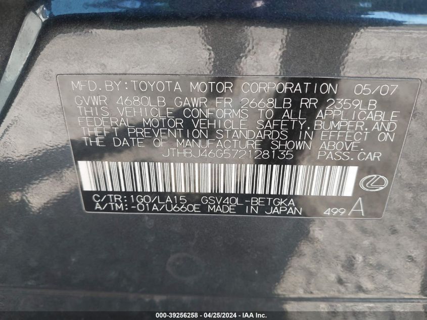 2007 Lexus Es 350 VIN: JTHBJ46G572128135 Lot: 39256258