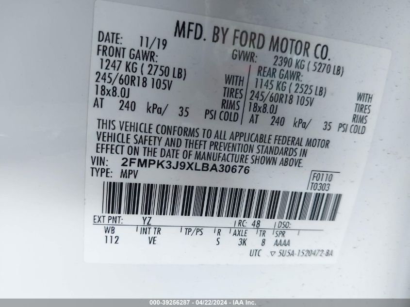 2020 Ford Edge Sel VIN: 2FMPK3J9XLBA30676 Lot: 39256287