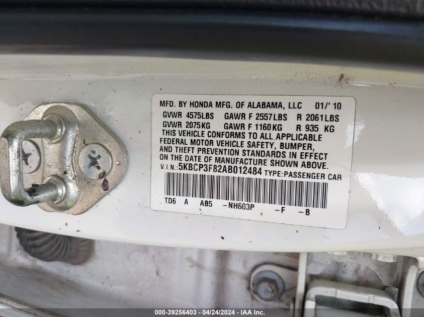 2010 Honda Accord 3.5 Ex-L VIN: 5KBCP3F82AB012484 Lot: 39256403