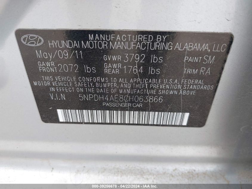 2012 Hyundai Elantra Gls VIN: 5NPDH4AE8CH063866 Lot: 39256678