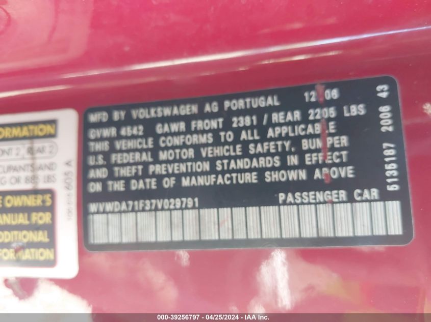 2007 Volkswagen Eos 2.0T VIN: WVWDA71F37V029791 Lot: 39256797