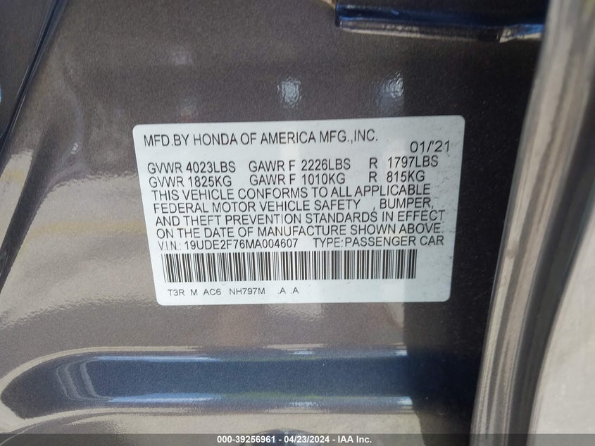 2021 ACURA ILX 2.4L I4 FI DOHC 16V (VIN: 19UDE2F76MA004607