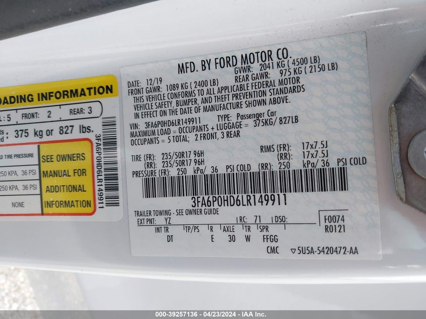 VIN 3FA6P0HD6LR149911 2020 FORD FUSION SE