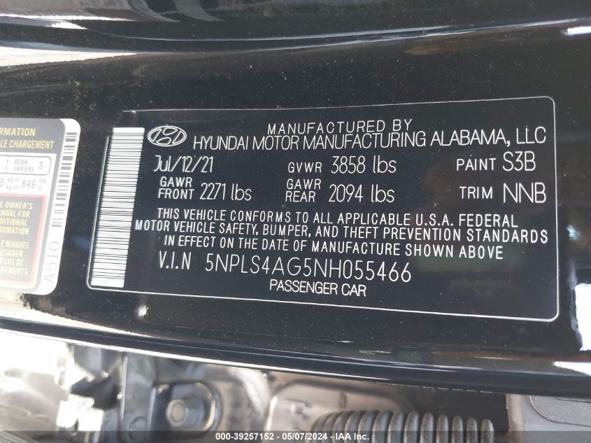 2022 Hyundai Elantra Sel VIN: 5NPLS4AG5NH055466 Lot: 39257152