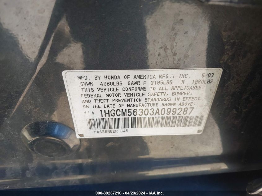 1HGCM56303A099287 | 2003 HONDA ACCORD