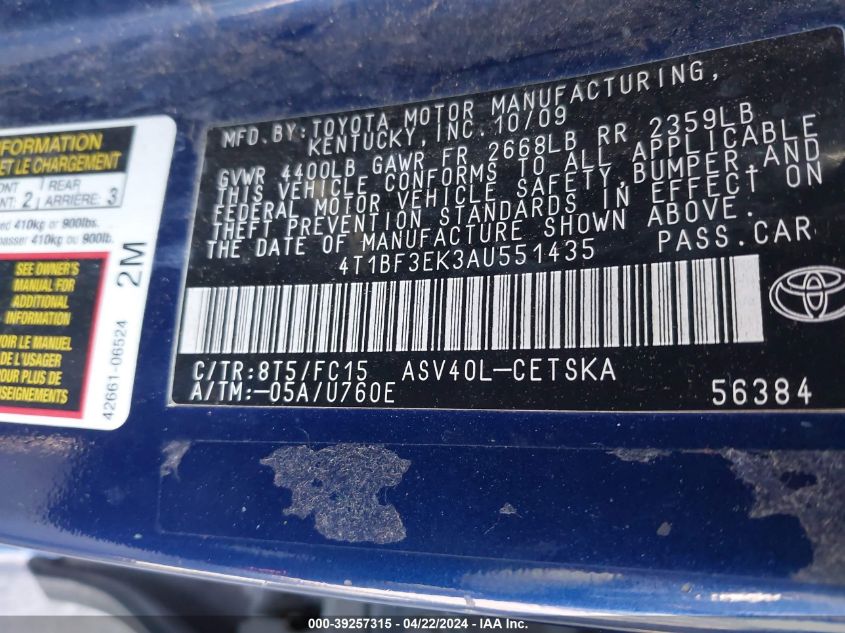 2010 Toyota Camry Se VIN: 4T1BF3EK3AU551435 Lot: 39257315