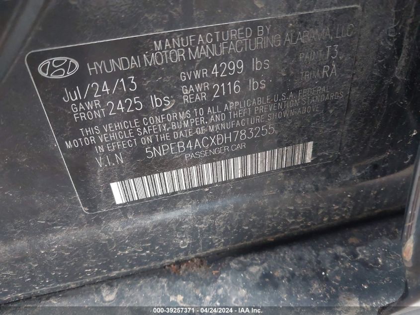 5NPEB4ACXDH783255 | 2013 HYUNDAI SONATA