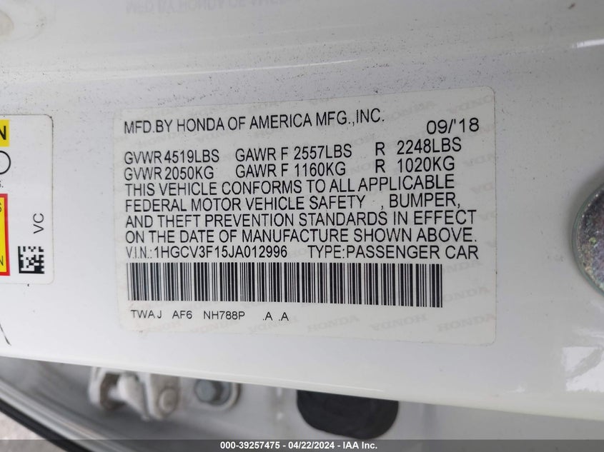 VIN 1HGCV3F15JA012996 2018 HONDA ACCORD HYBRID