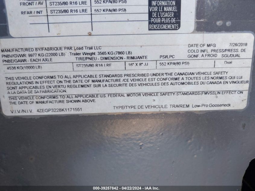 2019 Load Trail Trailer VIN: 4ZEGP3228K1171551 Lot: 39257842