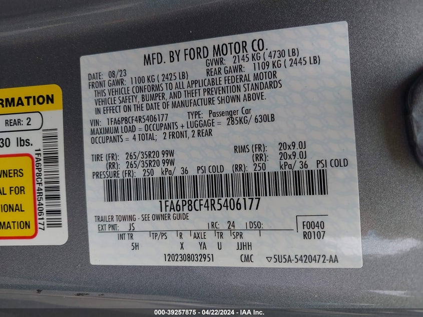 VIN 1FA6P8CF4R5406177 2024 FORD MUSTANG GT PREMIUM FASTBACK