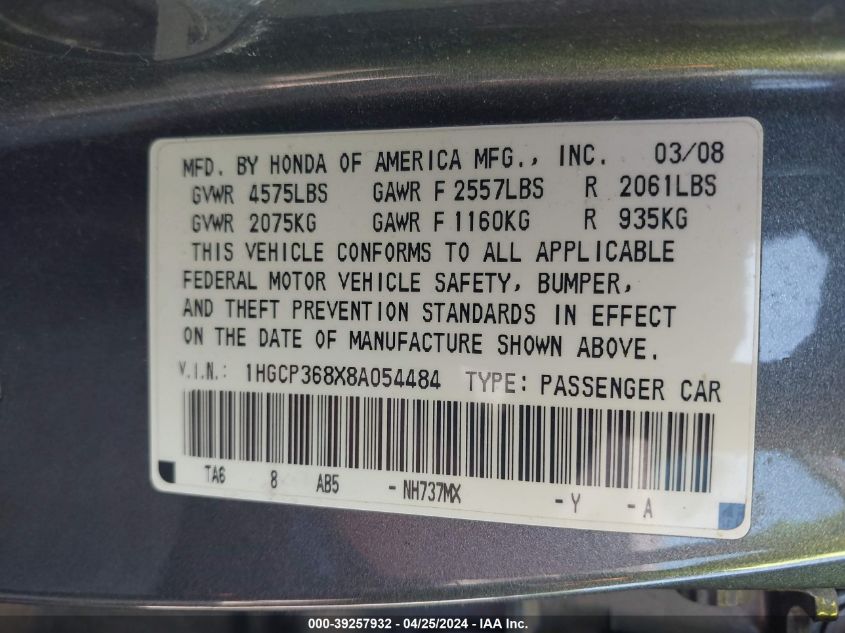 2008 Honda Accord 3.5 Ex-L VIN: 1HGCP368X8A054484 Lot: 39257932