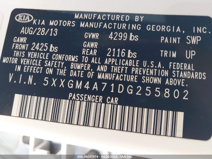 2013 Kia Optima Lx VIN: 5XXGM4A71DG255802 Lot: 39257974