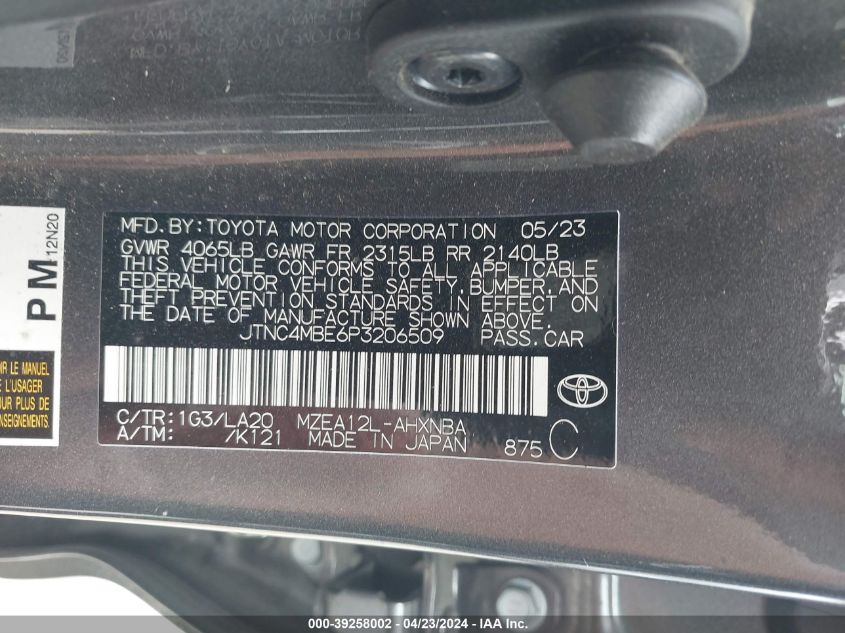 2023 Toyota Corolla Xse VIN: JTNC4MBE6P3206509 Lot: 39258002