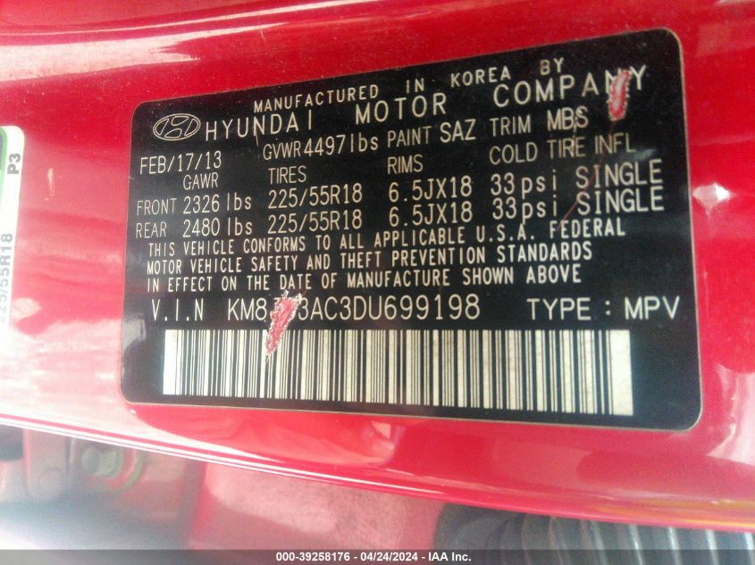 2013 Hyundai Tucson Limited VIN: KM8JU3AC3DU699198 Lot: 39258176