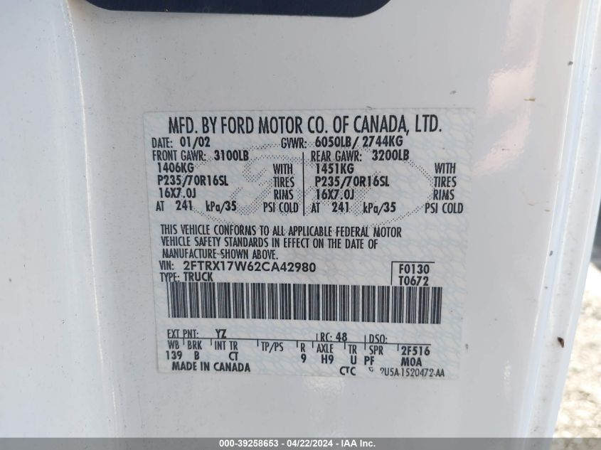 2002 Ford F-150 Lariat/Xl/Xlt VIN: 2FTRX17W62CA42980 Lot: 39258653