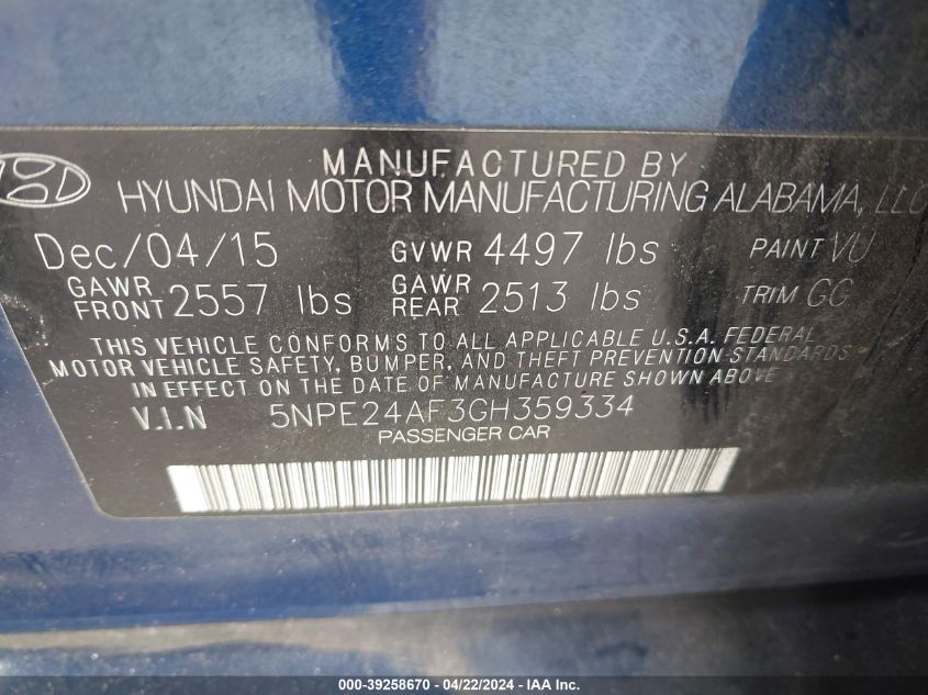 5NPE24AF3GH359334 | 2016 HYUNDAI SONATA