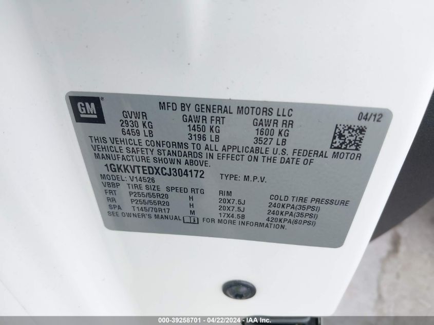 2012 GMC Acadia Denali VIN: 1GKKVTEDXCJ304172 Lot: 39258701