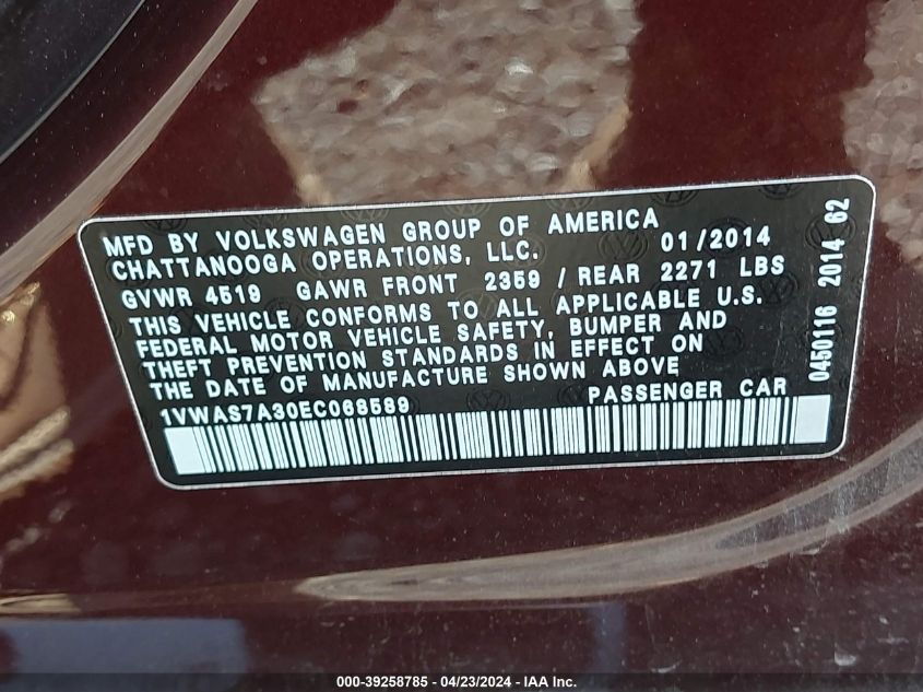 1VWAS7A30EC068589 | 2014 VOLKSWAGEN PASSAT