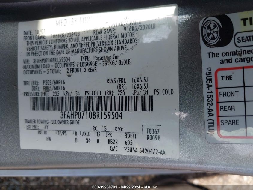 3FAHP07108R159504 | 2008 FORD FUSION